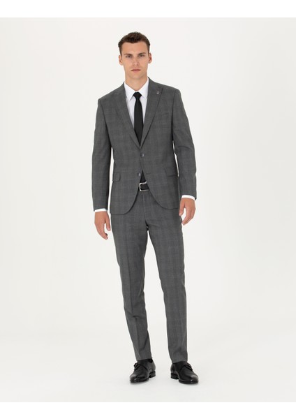 Erkek Füme Ekose Ekstra Slim Fit Yün Karışımlı Takım Elbise 50272766-VR058