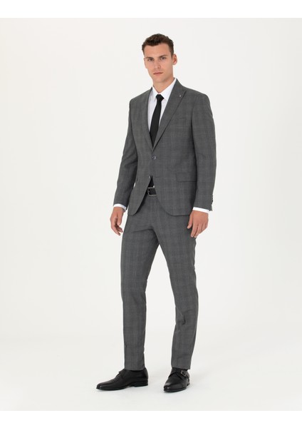 Erkek Füme Ekose Ekstra Slim Fit Yün Karışımlı Takım Elbise 50272766-VR058 modelleri
