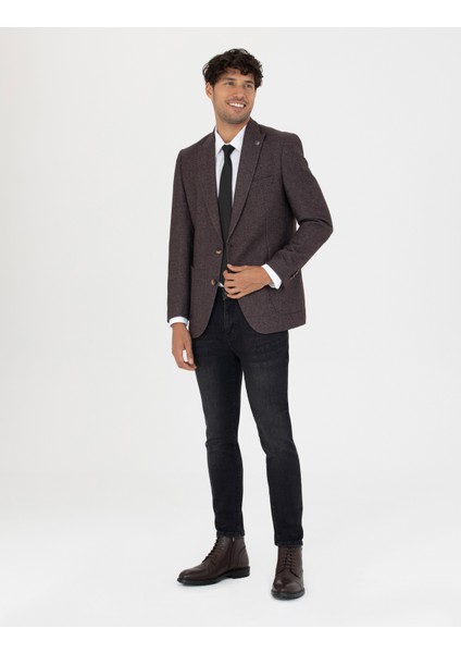 Erkek Bordo Ekstra Slim Fit Yün Karışımlı Blazer Ceket 50273158-VR014