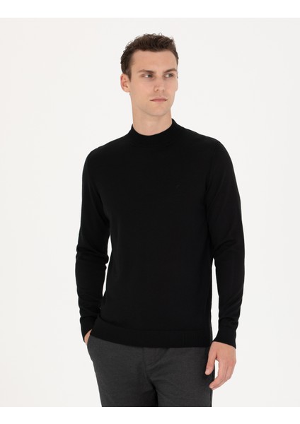Erkek Siyah Regular Fit Bato Yaka Yün Karışımlı Basic Triko Kazak 50270049-VR046