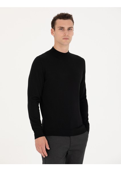 Erkek Siyah Regular Fit Bato Yaka Yün Karışımlı Basic Triko Kazak 50270049-VR046