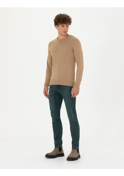 Erkek Camel Melanj Slim Fit Bisiklet Yaka Basic Triko Kazak 50270179-VR122