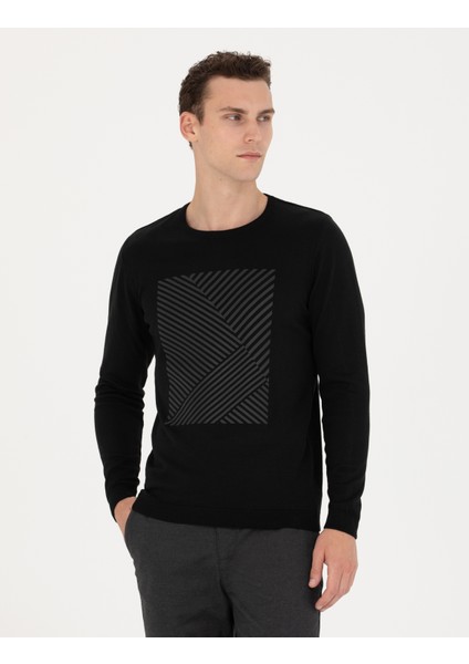 Erkek Siyah Slim Fit Bisiklet Yaka Triko Kazak 50278080-VR046