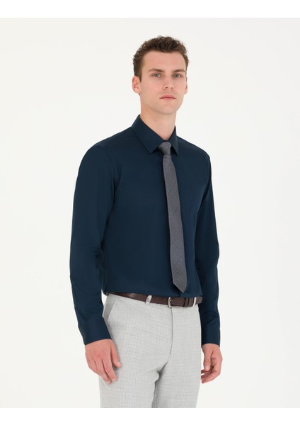 Erkek Lacivert Slim Fit Uzun Kollu Basic Gömlek 50277147-VR033