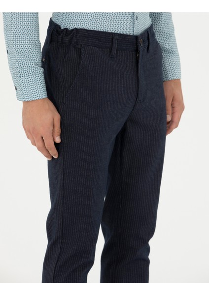Erkek Lacivert Slim Fit Çizgili Kanvas Pantolon 50278468-VR033 indirimleri