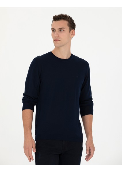 Erkek Lacivert Slim Fit Bisiklet Yaka Yün Karışımlı Basic Triko Kazak 50270054-VR033 modelleri