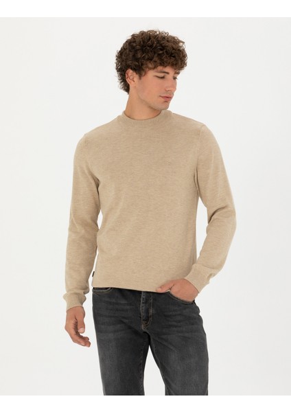 Erkek Taş Melanj Slim Fit Çeyrek Yaka Basic Triko Kazak 50276158-VR225