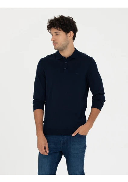 Pierre Cardin Erkek Lacivert Regular Fit Polo Yaka Yün Karışımlı Basic Triko Kazak 50270051-VR033