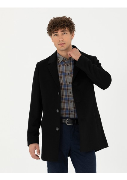 Erkek Siyah Yün Karışımlı Ekstra Slim Fit Kaşe Kaban 50270887-VR046
