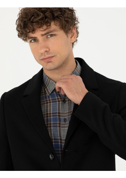 Erkek Siyah Yün Karışımlı Ekstra Slim Fit Kaşe Kaban 50270887-VR046