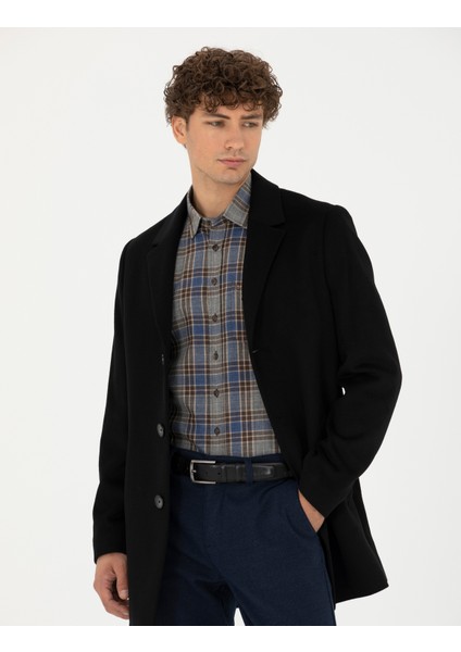 Erkek Siyah Yün Karışımlı Ekstra Slim Fit Kaşe Kaban 50270887-VR046