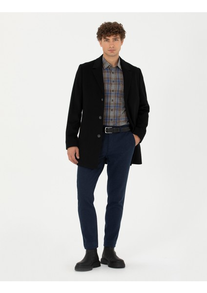 Erkek Siyah Yün Karışımlı Ekstra Slim Fit Kaşe Kaban 50270887-VR046