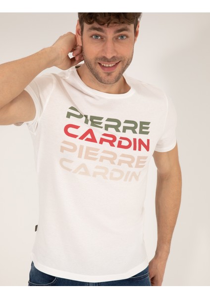 Erkek Beyaz Slim Fit Pierre Cardin Baskılı Bisiklet Yaka Tişört 50269472-VR013