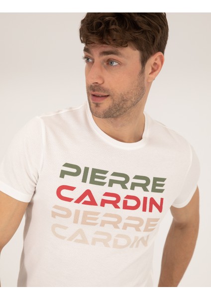 Erkek Beyaz Slim Fit Pierre Cardin Baskılı Bisiklet Yaka Tişört 50269472-VR013