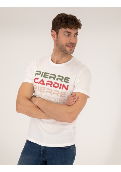 Erkek Beyaz Slim Fit Pierre Cardin Baskılı Bisiklet Yaka Tişört 50269472-VR013