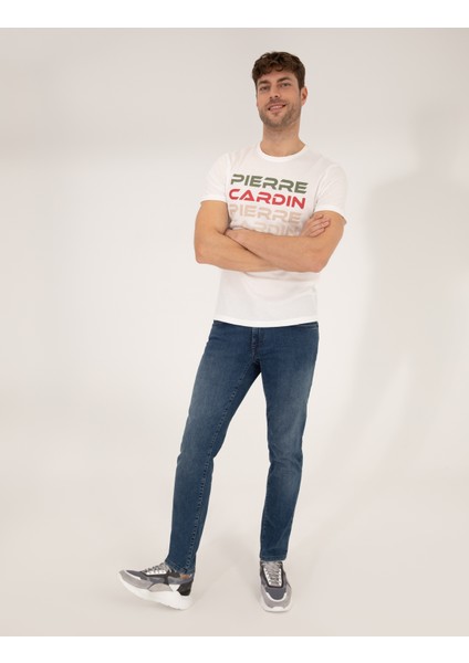 Erkek Beyaz Slim Fit Pierre Cardin Baskılı Bisiklet Yaka Tişört 50269472-VR013