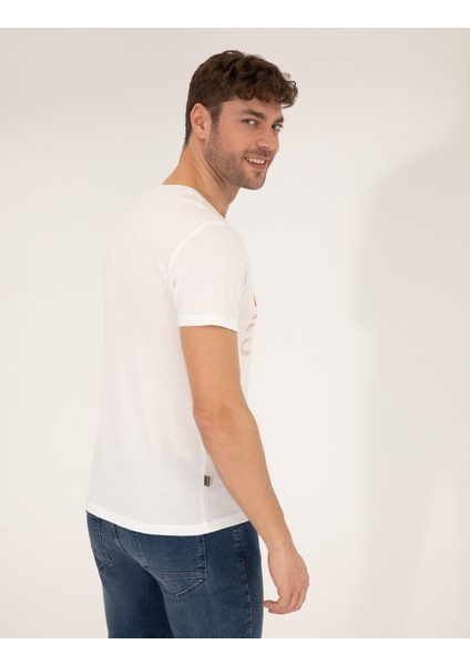 Erkek Beyaz Slim Fit Pierre Cardin Baskılı Bisiklet Yaka Tişört 50269472-VR013