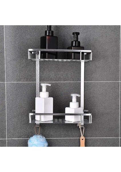 D-Gümüş-2 Tarzı Uzay Alüminyum Banyo Rafı Delme Yok Duş Caddy Rafları Mutfak Depolama Sepeti Yapışkanlı Emme Köşe Rafları Duş (Yurt Dışından)