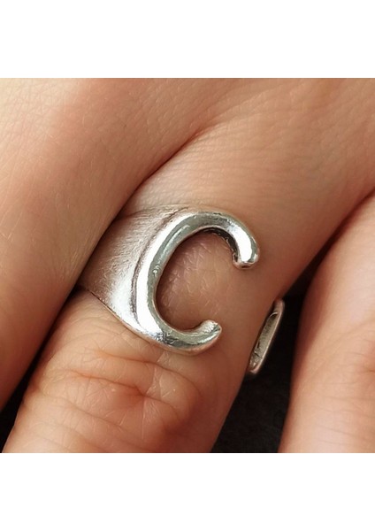 C Harfi Şekilli Kadın Yüzük Gümüş Kaplama Ayarlanabilir El Yapımı Yüzük