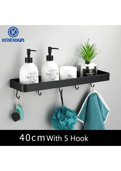 40CM 5 Kancalı Siyah Stil Siyah Beyaz Banyo Raf Şampuan Tutucu Mutfak Depolama Rafı Banyo Donanım Uzay Alüminyum Duş Odası Aksesuarı (Yurt Dışından)