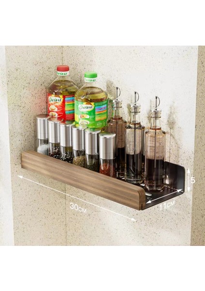 E30 Daha Geniş Stil Banyo Rafı Siyah Alüminyum Ahşap Raf Banyo Kozmetik Rafı Mutfak Duvar Rafı Mutfak Baharat Rafı Fincan Rafı (Yapıştırıcı Yok) (Yurt Dışından)