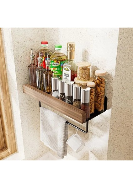 E30 Daha Geniş Stil Banyo Rafı Siyah Alüminyum Ahşap Raf Banyo Kozmetik Rafı Mutfak Duvar Rafı Mutfak Baharat Rafı Fincan Rafı (Yapıştırıcı Yok) (Yurt Dışından) fırsatları