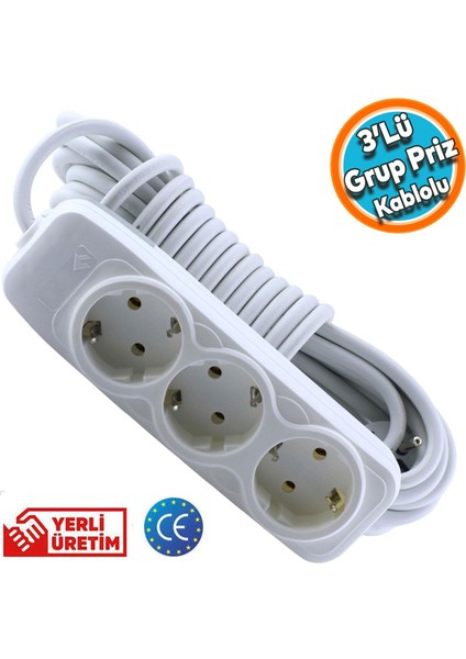 3'lü Grup Priz Anahtarsız Topraklı 5 Metre Seyyar Ara Kablolu Uzatma Kablolusu Üçlü Piriz