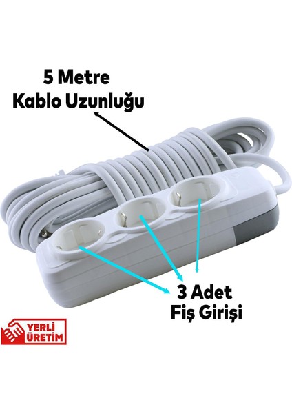 3'lü Grup Priz Anahtarsız Topraklı 5 Metre Seyyar Ara Kablolu Uzatma Kablolusu Üçlü Piriz