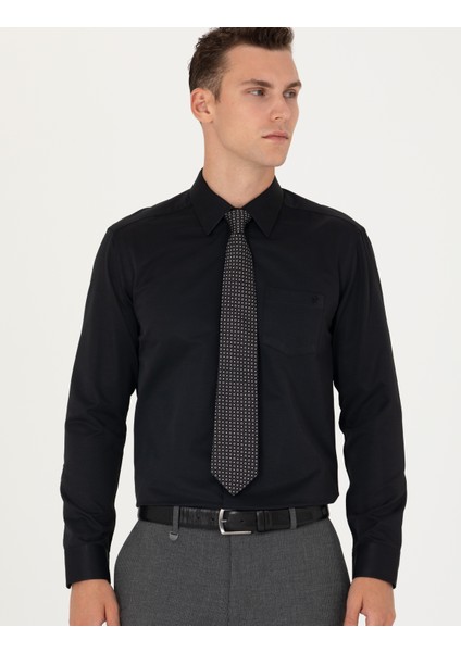Erkek Siyah Regular Fit Uzun Kollu Basic Gömlek 50277764-VR046