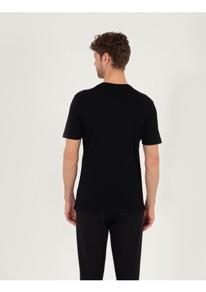 Erkek Siyah Slim Fit Baskılı Bisiklet Yaka Tişört 50262615-VR046