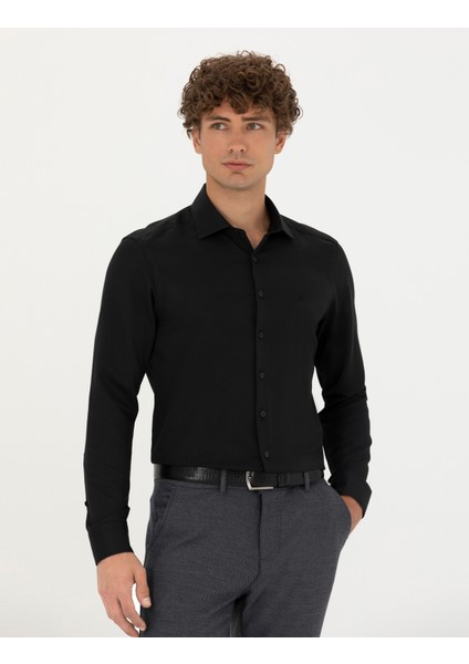 Erkek Siyah Slim Fit Uzun Kollu Gömlek 50275692-VR046
