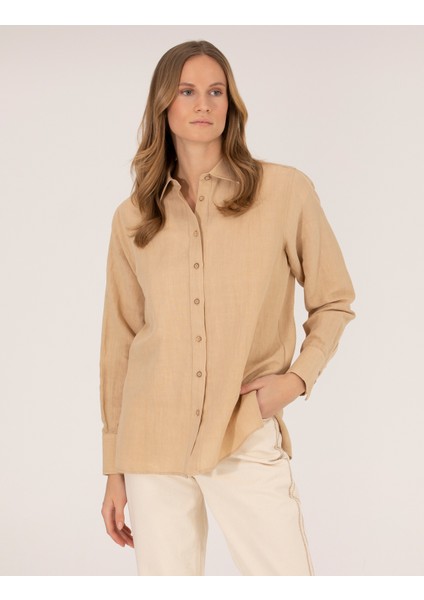 Kadın Bej Keten Karışımlı Gömlek 50262568-VR011