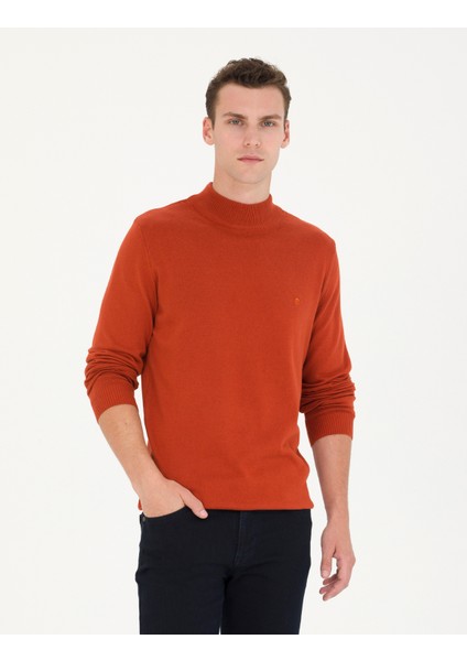 Erkek Kiremit Slim Fit Yarım Balıkçı Yaka Basic Triko Kazak 50276161-VR031