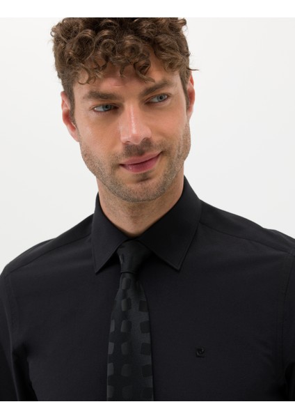 Erkek Siyah Slim Fit Uzun Kollu Basic Gömlek 50277786-VR046