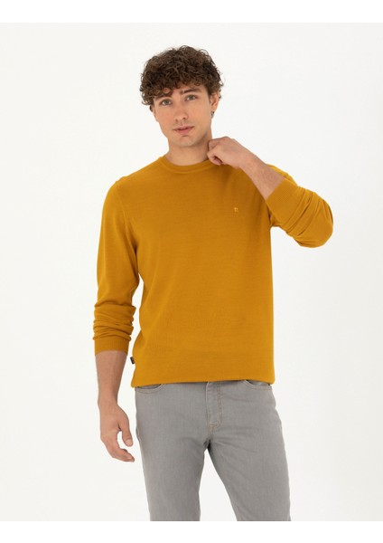 Erkek Safran Slim Fit Bisiklet Yaka Yün Karışımlı Basic Triko Kazak 50270054-VR043