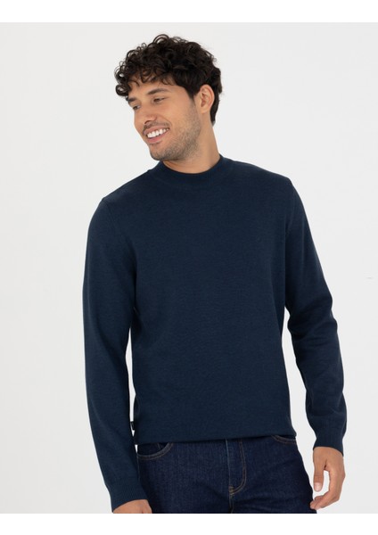 Erkek Lacivert Melanj Slim Fit Yarım Balıkçı Yaka Basic Triko Kazak 50276158-VR120