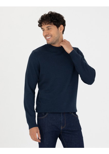 Erkek Lacivert Melanj Slim Fit Yarım Balıkçı Yaka Basic Triko Kazak 50276158-VR120 modelleri