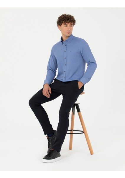 Erkek Lacivert Slim Fit Çizgili Beli Lastikli Bağcıklı Kanvas Pantolon 50279389-VR033