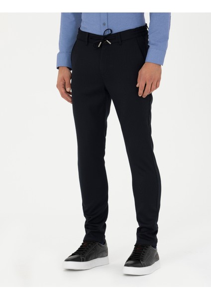 Erkek Lacivert Slim Fit Çizgili Beli Lastikli Bağcıklı Kanvas Pantolon 50279389-VR033 fiyatları