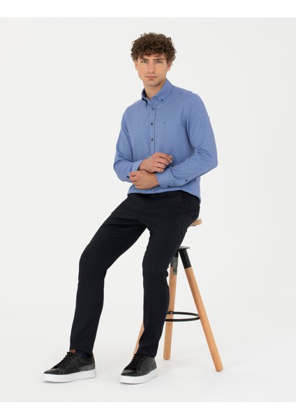 Erkek Lacivert Slim Fit Çizgili Beli Lastikli Bağcıklı Kanvas Pantolon 50279389-VR033 modelleri