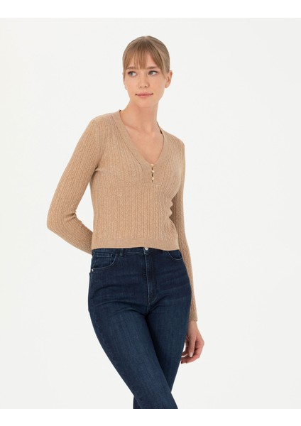 Kadın Bej Ex Slim Fit V Yaka Kazak 50276221-VR011