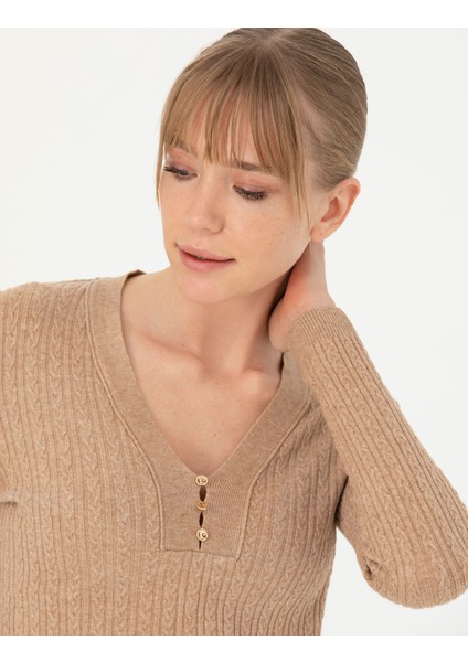 Kadın Bej Ex Slim Fit V Yaka Kazak 50276221-VR011 fiyatları