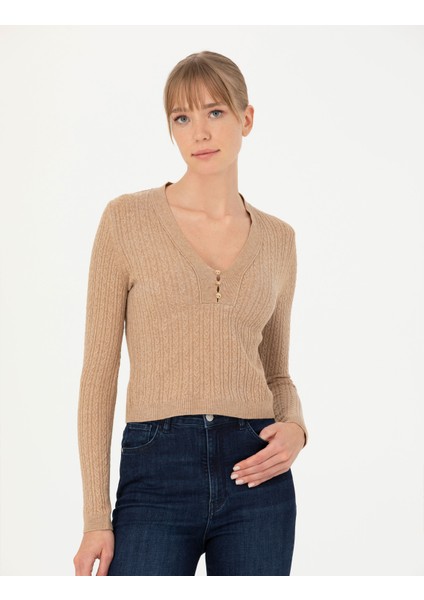 Kadın Bej Ex Slim Fit V Yaka Kazak 50276221-VR011 modelleri