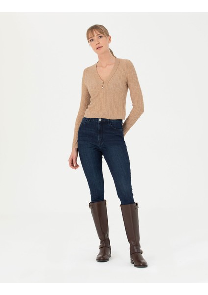 Kadın Bej Ex Slim Fit V Yaka Kazak 50276221-VR011 fırsatları