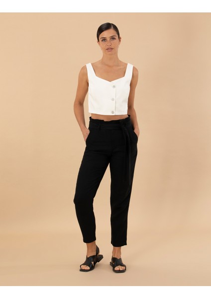 Kadın Siyah Carrot Fit Keten Pantolon 50263920-VR046