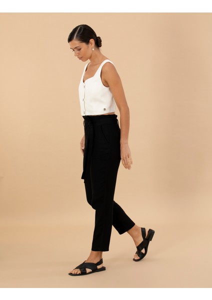 Kadın Siyah Carrot Fit Keten Pantolon 50263920-VR046 modelleri