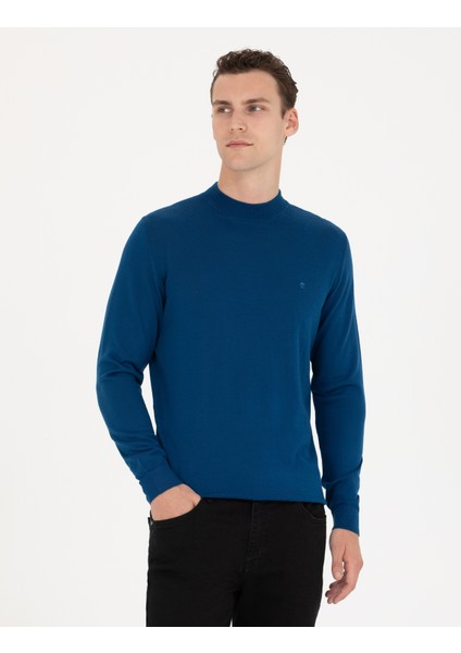 Erkek İndigo Regular Fit Bato Yaka Yün Karışımlı Basic Triko Kazak 50270049-VR106