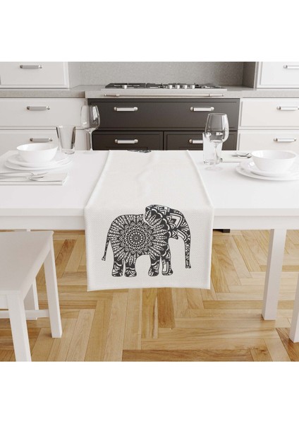 Dijital Baskılı Runner 140X40 cm / Bohem Antrasit - Beyaz
