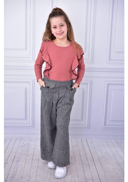 Ekose Pantolonlu Kız Çocuk Kolları Fırfırlı Alt Üst Takım