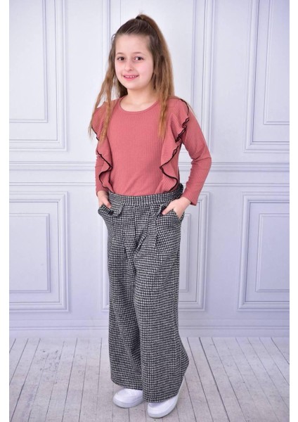 Ekose Pantolonlu Kız Çocuk Kolları Fırfırlı Alt Üst Takım